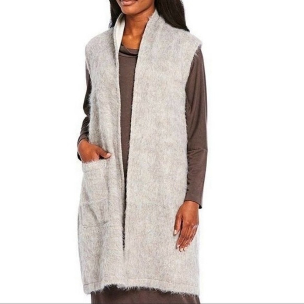 Bryn Walker Alpaca Wool Blend Long Open Front Vest Grey Italian Fabric Pockets